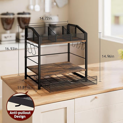 Homsorout Coffee Bar Organizer - Countertop Coffee Station, 42 K Cup holder Storage Basket with Drawer and Hooks for Syrup, Cups, Stirrer, Condiment, Tea Organizer, Black and Brown