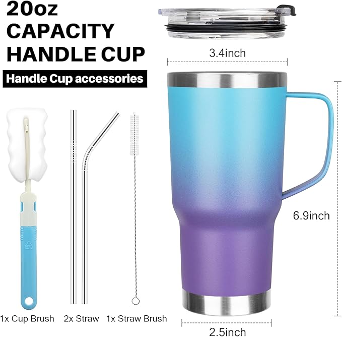 20 oz Tumbler with Handle, Stainless Steel Insulated Tumbler with Lid and Straw, Double Wall Vacuum Coffee Mug Tumbler, Insulated Coffee Thermal Cup for Cold and Hot (Blue Purple)