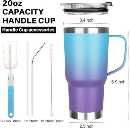 20 oz Tumbler with Handle, Stainless Steel Insulated Tumbler with Lid and Straw, Double Wall Vacuum Coffee Mug Tumbler, Insulated Coffee Thermal Cup for Cold and Hot (Blue Purple)