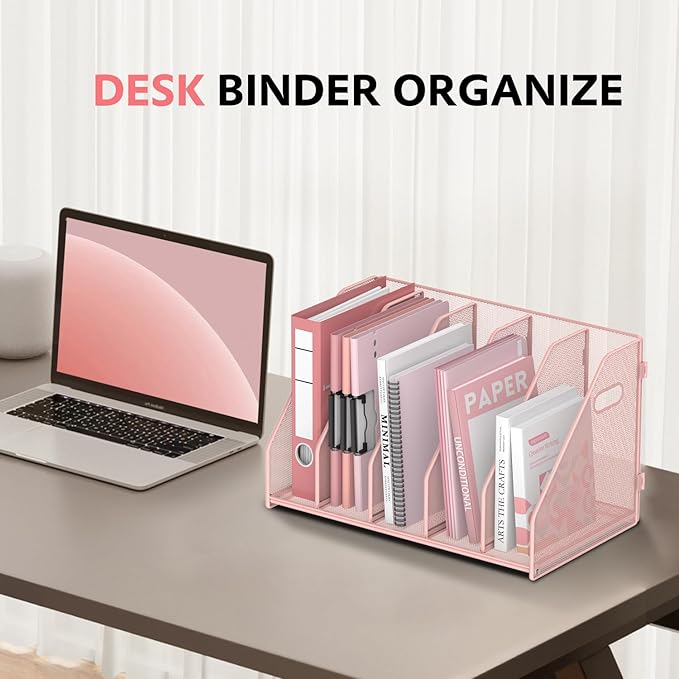 SUPEASY Binder Organizer, Magazine File Holder with 5 Vertical Compartments Rack, Metal Desk File Organizer & Binder Holders, Magazine Organizers for Office Desktop, Home, School, Classroom (Pink)