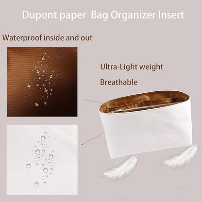Purse Organizer Insert for handbag，Dupont paper Ultra-Light weight Bag Organizer Insert for LV Speedy 30 Waterproof (Large-white brown)