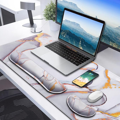 Gimars 4 in 1 Mouse Pad and Keyboard Wrist Rest Set, Large Mouse Pad with Memory Foam Wrist Support Pad for Desk with Coaster, Easy Typing Pain Relief, Gaming Office Home, 31.5x12 inch, Cloud Golden
