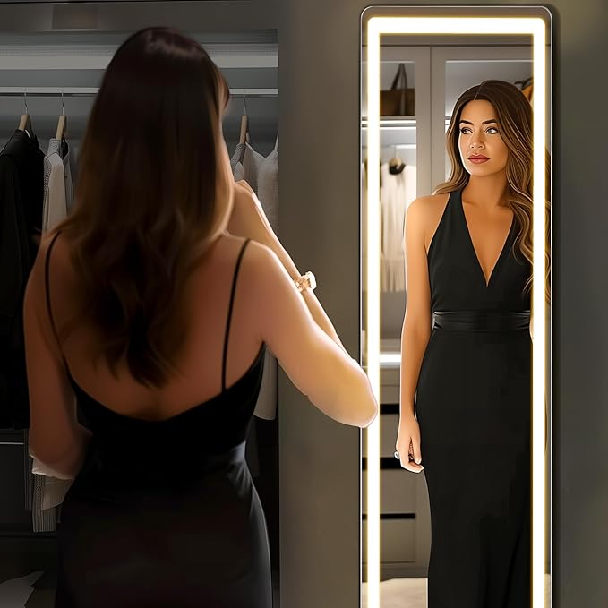 OLIXIS 16"x 60" LED Full Length Mirror with Lights, Standing Lighted Floor Full Body Mirror with 3 Color Lighting, Wall Mounted Mirrors for Bedroom, Bathroom, Entryway with Tempered Glass