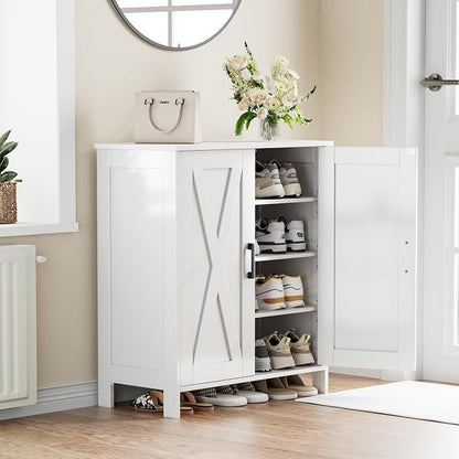 Homleke Farmhouse Shoe Cabinet with 2 Barn Doors & Wood Legs, 5-Tier Shoe Storage Cabinet with 3 Adjustable Shelves, Tall Shoe Rack Organizer for Closet, Shoe Organizer for Entryway, Hallway, White