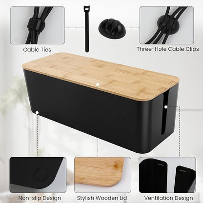 2 Pack Cable Management Box - Cord Organizer Box with Wooden Lid for TV Wires, Power Strips, Router, USB Hub & Under Desk Power: Baby & Pet Proof Cord Management, Cord Hider for Home & Office(Black)
