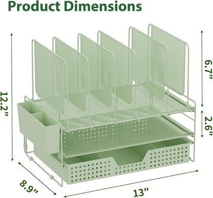Green Desk Organizer, Office Organization with Vertical File Holder, File Organizer with Drawer and Pen Holder, Desk Accessories and Workspace Organizers for Home Office (Green)