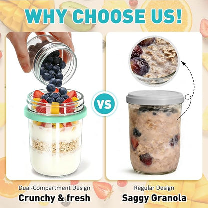 4 Pack Overnight Oats Containers with Lids and Spoons, 20 oz (16+4) Overnight Oats Jars, Glass Mason Jars with Dry and Wet Separation for Oatmeal Salad Yogurt, Dual-Layer Yogurt Containers with Lids