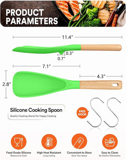 Cooking Spoon for Nonstick Cookwares, Great for Cooking and Serving Sturdy BPA-Free Matte Silicone, Wood Handle Spoon for Mixing, Scoop, and Scrape (AGR, 11.4 inch)