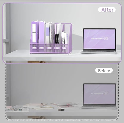 SUPEASY Desk Organizers Metal Desk Magazine File Holder with 5 Vertical Compartments Rack File Organizer for Office Desktop, Classroom, Home Workspace, Purple Plus