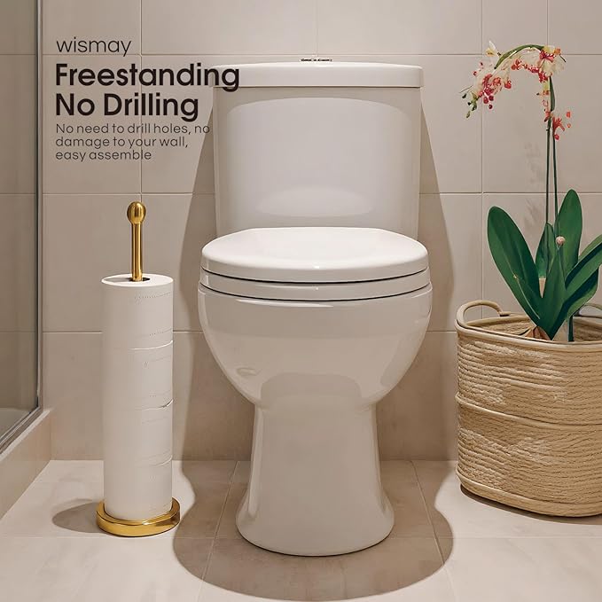 Toilet Paper Holder Stand for Max 5 Paper Rolls, Freestanding TP Holder, Roll Holder Storage, Stainless Steel - Gold