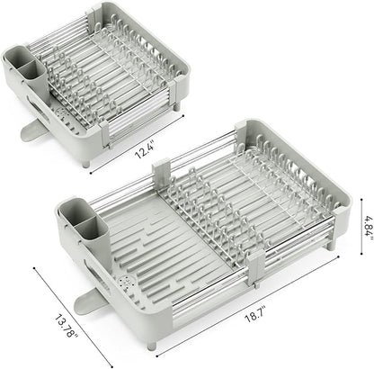 Urackify Extendable Dish Drying Rack, Dual Part Dish Drainers with Non-Scratch and Movable Cutlery Drainer and Drainage Spout, Adjustable Dish Rack for Kitchen, Gray & White