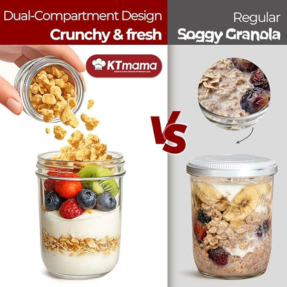 4 Pack Glass Yogurt Parfait Cups with Lids, 16+4oz Reusable Containers with Dry & Wet Separation, Leak-Proof for Overnight Oats, Meal Prep, Portable to Work & School, Easy Clean