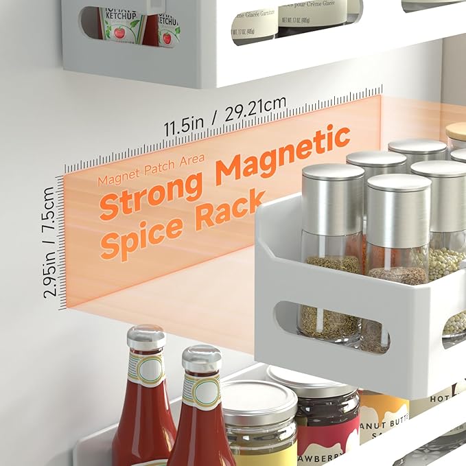 Sevenblue 6 Pack Strong Magnetic Spice Rack for Refrigerator, Multipurpose Magnetic Shelf for Fridge with 4 Hooks for kitchen and Bathroom Organization, White