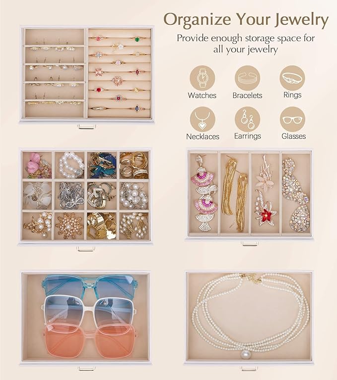 Homde Jewelry Box Large for Women: 6 Layers 5 Drawers Organizer with Mirror for Ring Earring Necklace - Storage Holder with Lock for Dresser (White) - Christmas Gifts
