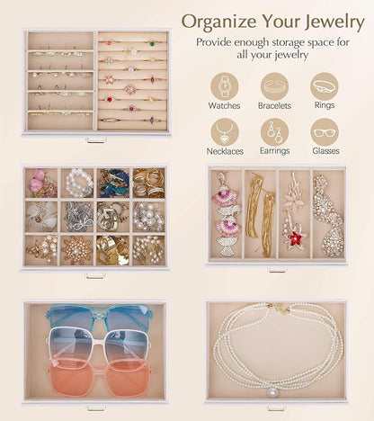 Homde Jewelry Box Large for Women: 6 Layers 5 Drawers Organizer with Mirror for Ring Earring Necklace - Storage Holder with Lock for Dresser (White) - Christmas Gifts