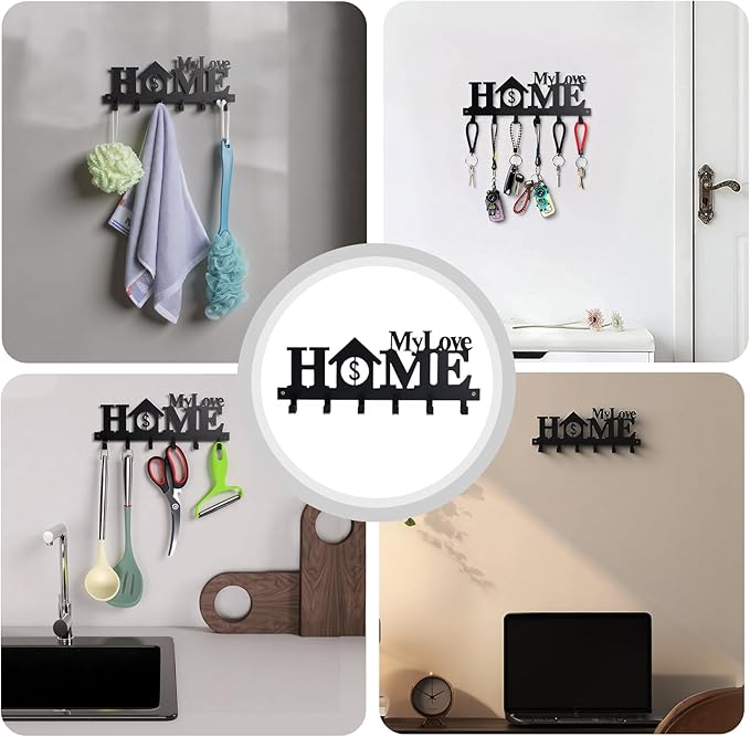 Key Holder Wall Mounted with Screws and Anchors, Black Multifunctional Key Hanger with 6 Hooks, Entryway Front Door Kitchen Hallway Garage Office
