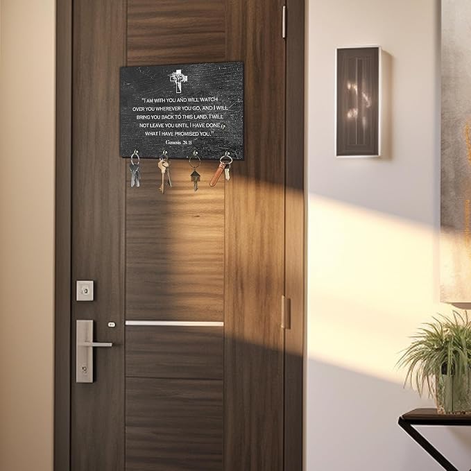 11" x 8" Black Distressed Solid Wood Wall-Mounted Key Holder - Genesis - with 4 Metal Hooks for Easy Hanging, Suitable for farmhouses, Homes, bedrooms, Wall Decorations & Gifts (1 Pcs) - A12