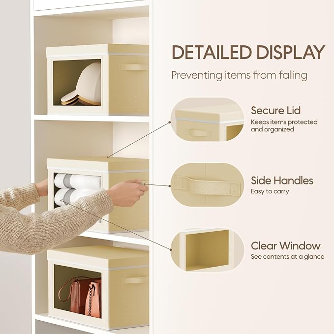 Homsorout Storage Bins with Lids - Small Fabric Organizers with Window, Collapsible Storage Bins for Clothes, Decorative Closet Organizers for Towels, Tshirt, 4 Pack, Beige