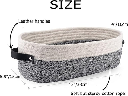 2 Pack Small Cotton Rope Woven Basket Toilet Paper Baskets for Organizing Decorative Basket for Boho Decor Small Storage Basket 13"x5.9"x4" Variegated Gray&White