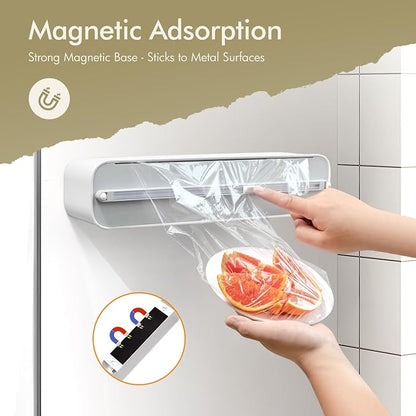 Aluminum Foil & Plastic Wrap Dispenser with Cutter - Magnetic & No-Drill Wall Mount, Cling Film Dispenser for Countertops & Cabinets, Space-Saving Kitchen Organizer - Fits 150 m Rolls, White