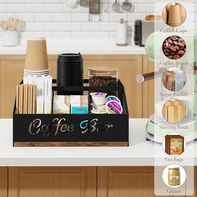 Coffee Station Organizer, Rustic Brown Wooden Countertop Coffee Bar Accessories Organizer with Metal Mesh Compartments for Pods, Syrup, Cups, Stirrer, Tea