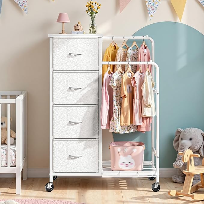 47.3" H Dresser with Hanging Rack, 4 Fabric Drawers with Double Clothes Rack & Wheels, Tall Closet Organizer Dresser for Bedroom, Entryway, White, 15.8" D x 29.9" W x 47.3" H