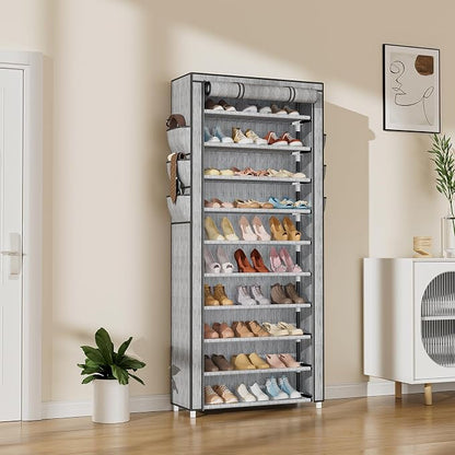 VTRIN Vertical Narrow Shoe Rack Organizer Tall Shoe Rack for Closet Entryway 10 Tier Non-Woven Cover Shoe Shelf Holds 36-41 Pairs Free Standing Shoe Storage Cabinet with Dustproof Cover, Multi Color