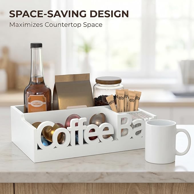 Coffee Bar Organizer for Countertop – Wooden Coffee Station Caddy with Compartments for Pods, Condiments, Tea, and Accessories – Home and Office Mini Coffee Station Organizer (White)