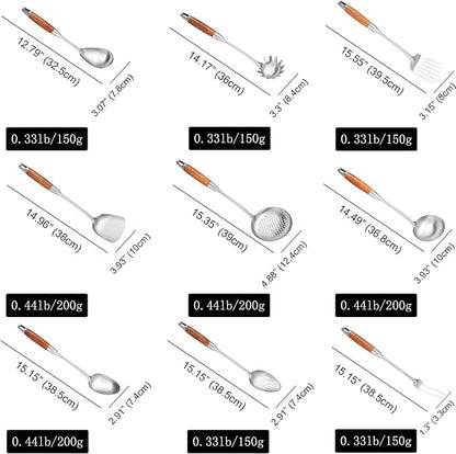 Stainless Steel Kitchen Utensils Set with Wooden Handle for Cooking 9 PCS with Solid and Slotted Spoon, Fork, Spatula, Ladle, Skimmer, Slotted Tunner, Spaghetti and Large Spoon