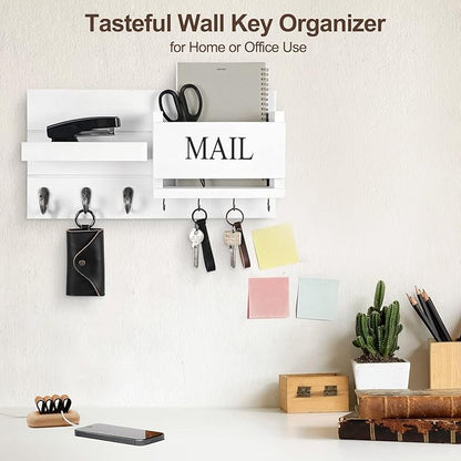 Mail Organizer for Wall Mount – Key Holder with Shelf Includes Letter Holder and Hooks for Hallway Farmhouse Decor – Rustic Wood with Flush Mounting Hardware (16.5” x 9.1” x 3.4”) (White)