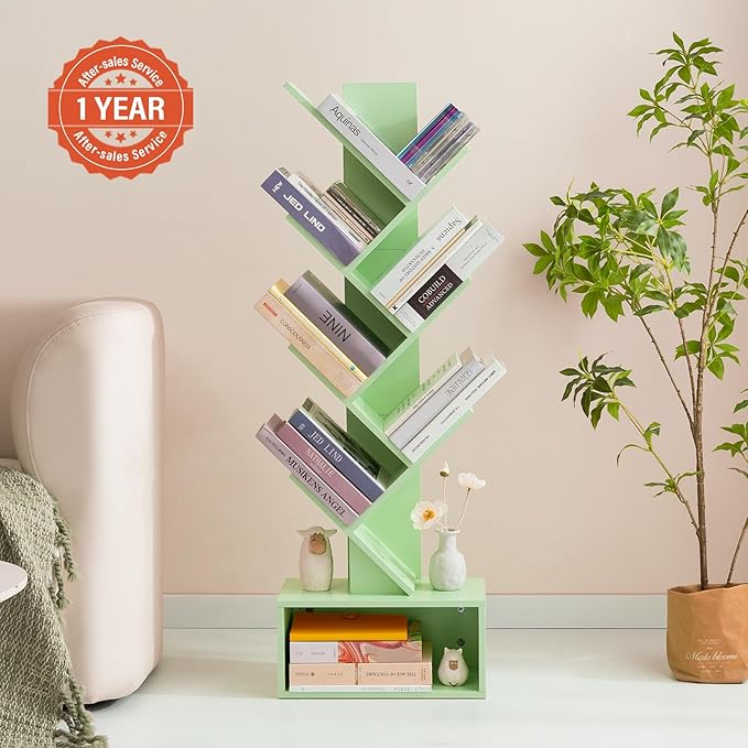 Yoobure Tree Bookshelf - 6 Shelf Retro Floor Standing Bookcase, Tall Wood Book Storage Rack for CDs/Movies, Utility Book Organizer Shelves for Bedroom, Living Room, Home Office Green