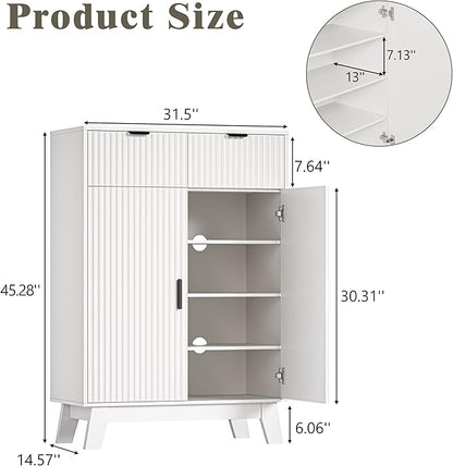 Shoe Cabinet Storage for Entryway, 4 Tier Fluted Shoe Storage Cabinet with 2 Drawers, Narrow Hidden Shoe Organizer with Adjustable Shelves, Freestanding Shoe Rack for Entryway, Hallway, White