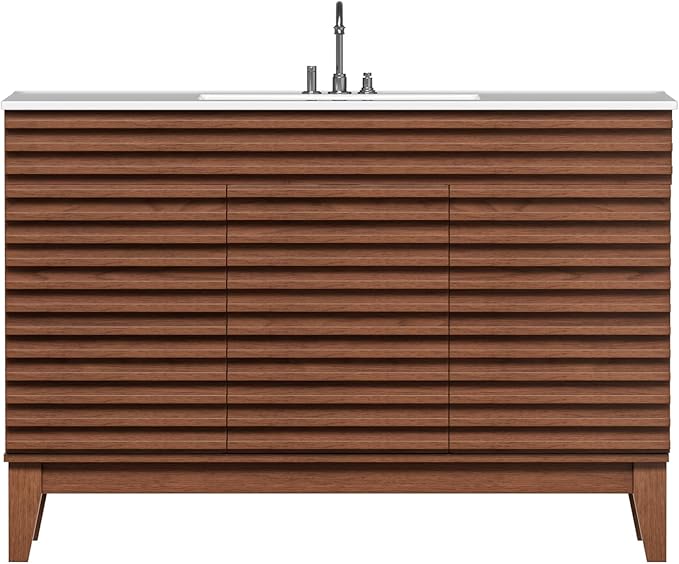 ROOMTEC 48" Bathroom Vanity with Sink, Mid-Century Freestanding Bathroom Vanity Sink with Storage, Undermount Ceramic Sink, Cabinet Particleboard Frame with Wood Grain Laminate, Walnut