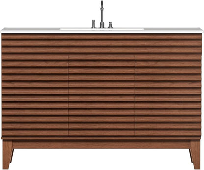 ROOMTEC 48" Bathroom Vanity with Sink, Mid-Century Freestanding Bathroom Vanity Sink with Storage, Undermount Ceramic Sink, Cabinet Particleboard Frame with Wood Grain Laminate, Walnut