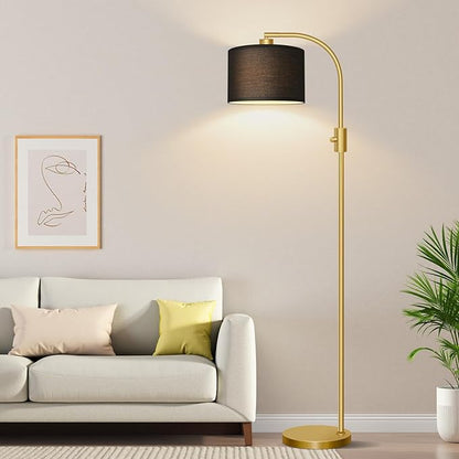 Nintiue Upgraded Modern Arc Dimmable Tall Standing Floor Lamp with Black Shade, 1200 Lumens LED Bulb Included, for Living & Reading Room, Bedroom, Office & Nursery, Gold