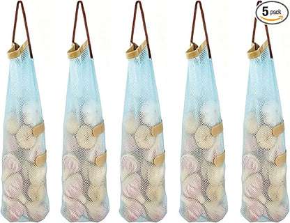 Ahyuan Hanging Mesh Storage Bags 5 Pack Onion Garlic Potatoes Net Mesh Bag Long and Large Reusable Net Produce Bags for Fruit Veggies Garbage Bag for Home RV Camper (Blue)