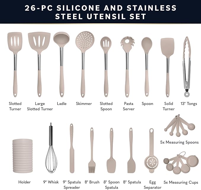 Home Hero Silicone Kitchen Utensils Set - Heat Resistant Non-Scratch Cooking Utensils - Ergonomic Silicone Spatula Set - Dishwasher Safe Kitchen Tools - 26 Piece, Stone