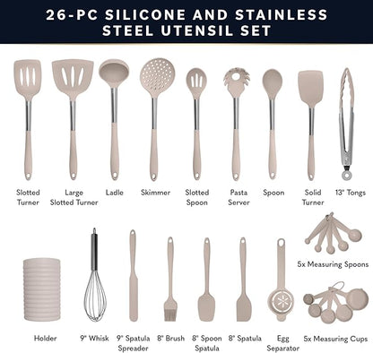 Home Hero Silicone Kitchen Utensils Set - Heat Resistant Non-Scratch Cooking Utensils - Ergonomic Silicone Spatula Set - Dishwasher Safe Kitchen Tools - 26 Piece, Stone