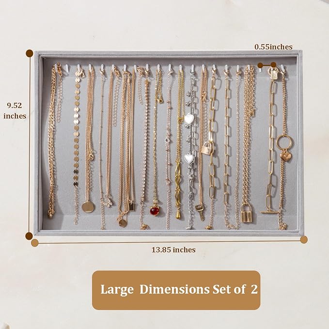 Large Velvet Jewelry Tray 2 Pack Stackable Jewelry Display Drawer Inserts Trays Organizer for Earring Bracelet Necklace Ring (Gray, 20 Hooks)