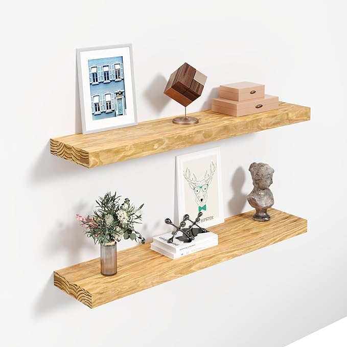 Howizz 24'' Pine Wood Floating Shelves for Wall- Set of 2 - Rustic Wall Mounted Wooden Shelf for Stylish Home Décor - Natural Color - 24x6.5x1.25 Inches, 2pcs