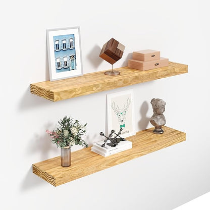 Howizz 24'' Pine Wood Floating Shelves for Wall- Set of 2 - Rustic Wall Mounted Wooden Shelf for Stylish Home Décor - Natural Color - 24x6.5x1.25 Inches, 2pcs