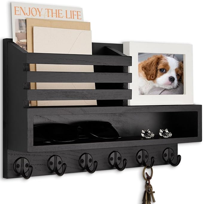 Key and Mail Holder Wall Mount, Key Hanger with Long Storage Box and Key Hooks for Coat, Dog Leash, Home Decor Rack, House Accessories, Entry Way Organizer