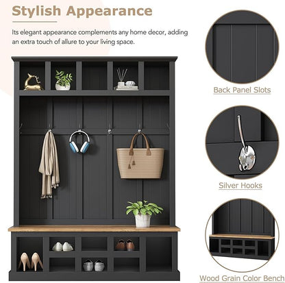 Farmhouse Wood Hall Tree with Bench and Shoe Storage, 5-in-1 Coat Rack with 6 Hooks for Entrance, Hallway Black