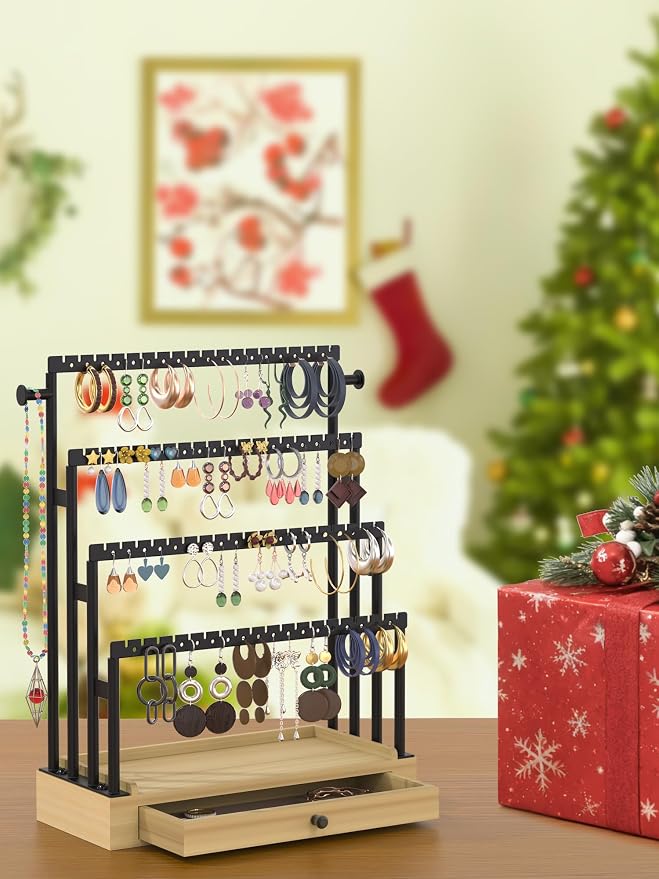 Earring Holder Organizer, 4-Tier Metal Jewelry Display Stand with Wooden Drawer, Large Earring Organizer for Studs, Hoops, and Dangles, Modern Earring Storage Rack for Vanity or Dresser