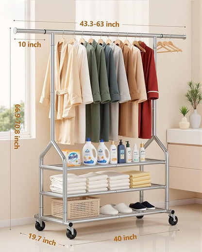 EAGMAK Heavy Duty Clothes Rack Load 686 LBS, Rolling Clothing Rack with 3 Shelves, Height Adjustable Metal Coat Rack, Portable Garment Closet Wardrobe Organizer with Wheels for Hanging Clothes, Silver