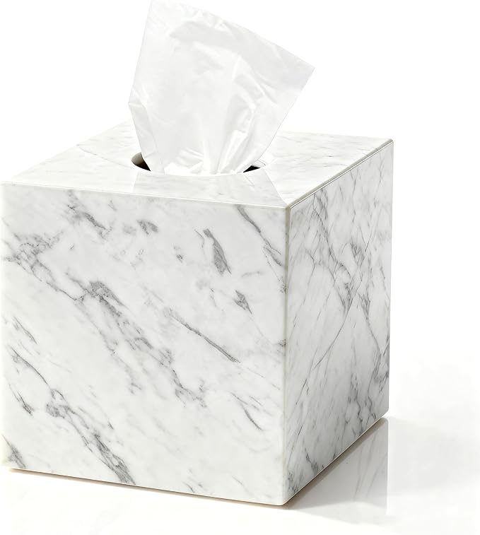 N NANSHOP Natural Marble Tissue Box Holder Cover, Square Cube Tissue Box Holder with Open Bottom for Bathroom Vanity Tops, Bedroom Dressers, Kitchen Countertop, White Tissue Box(NS021)
