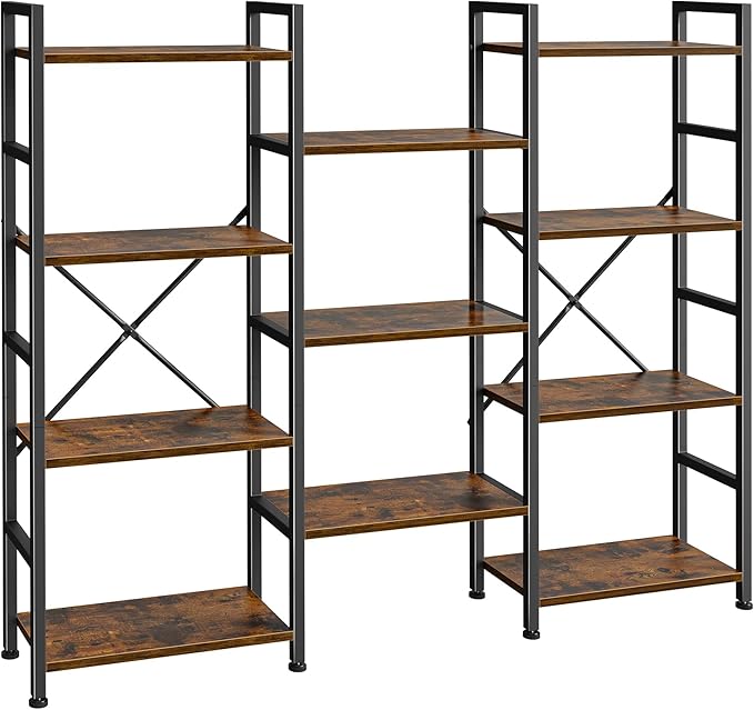 SUPERJARE Triple Bookshelf, Bookcase with 11 Open Display Shelves, Wide Book Shelf Book Case for Home & Office, 4 Tier, Rustic Brown