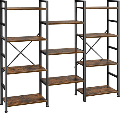 SUPERJARE Triple Bookshelf, Bookcase with 11 Open Display Shelves, Wide Book Shelf Book Case for Home & Office, 4 Tier, Rustic Brown