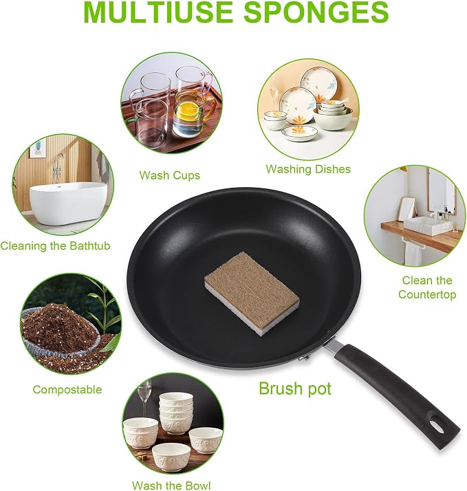 Natural Sponges for Dishes 12 Pack - Keep Soap Biodegradable Kitchen Sponge Compostable Coconut Scrubber - Eco Friendly Cleaning Sponges