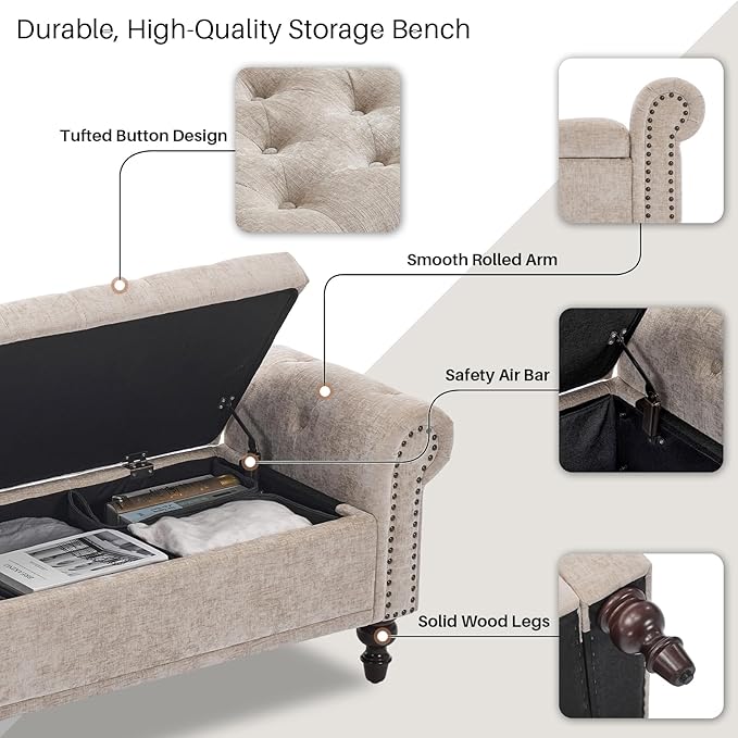 Storage Bench for Bedroom, 67" End of Bed Bench King Size, Upholstered Chenille Storage Ottoman with Tufted Cushioned Rolled Arm Large Storage Space for Living Room Entryway, Light Brown